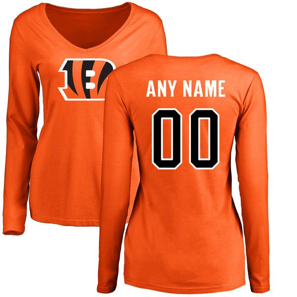 Women Cincinnati Bengals NFL Pro Line Orange Custom Name and Number Logo Slim Fit Long Sleeve T-Shirt